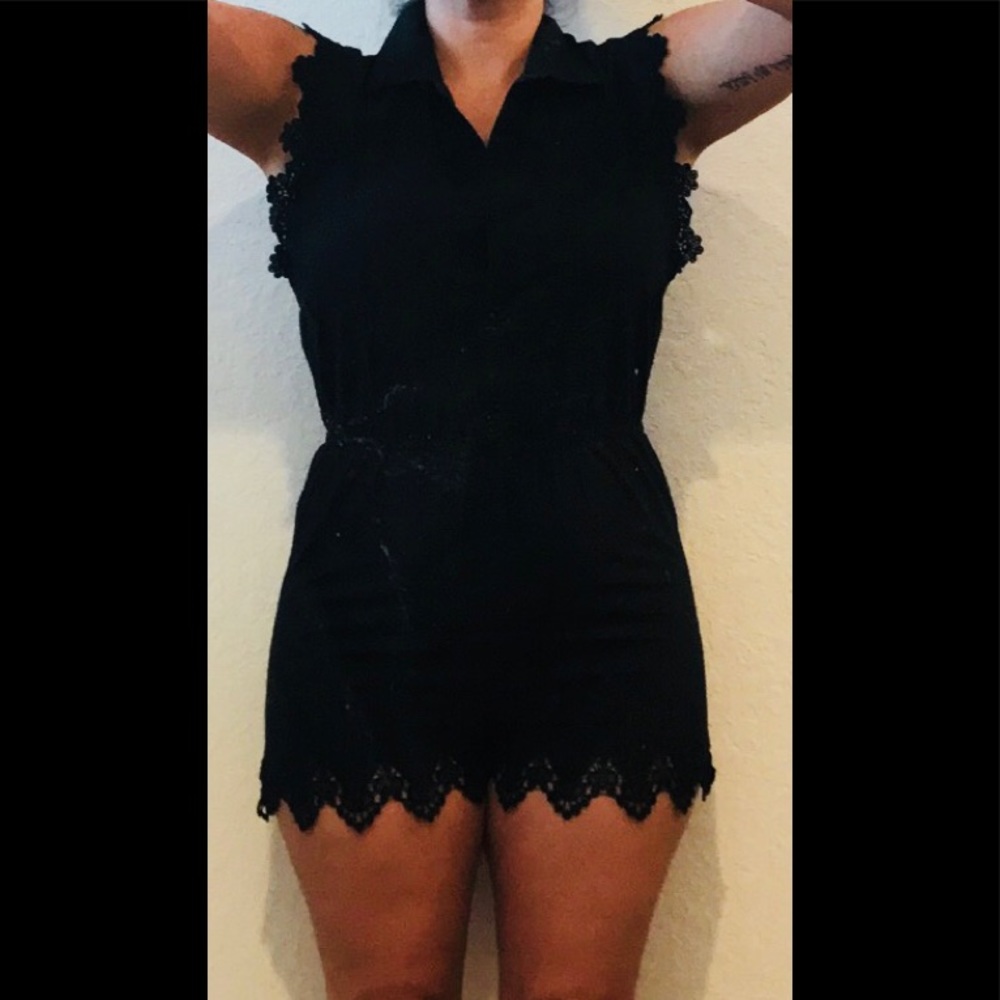 Black shorts collared onsie with lace trim